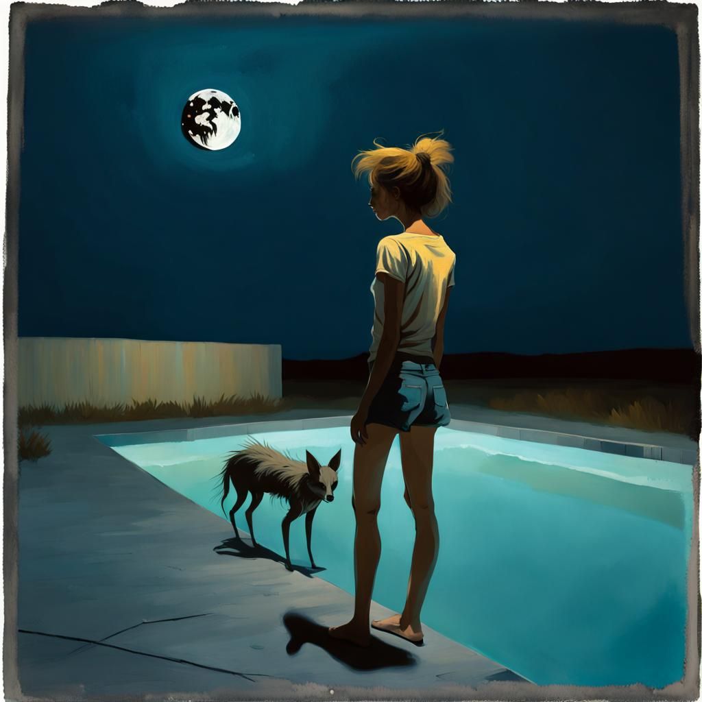 Neo-Expressionist Woman by Moonlit Pool