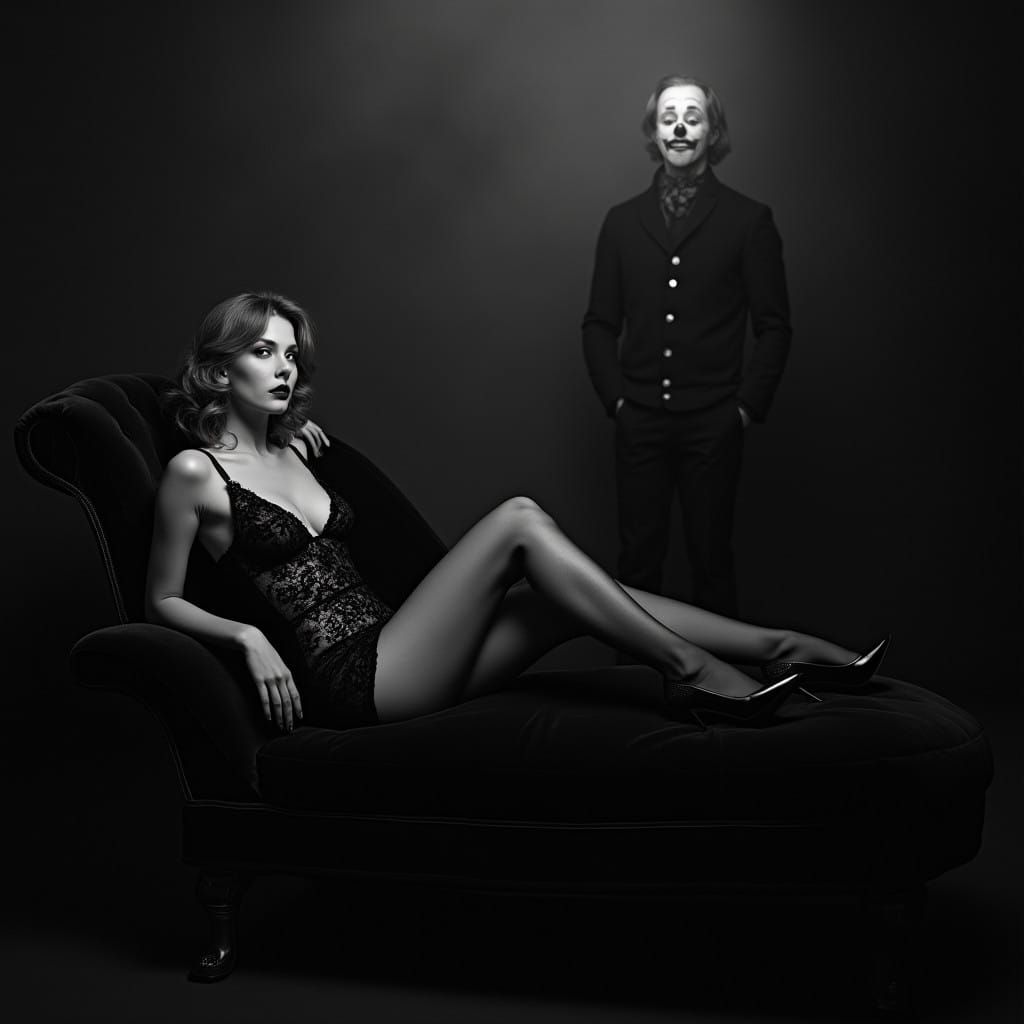 Woman in Smoky Noir Glamour with a Hidden Clown