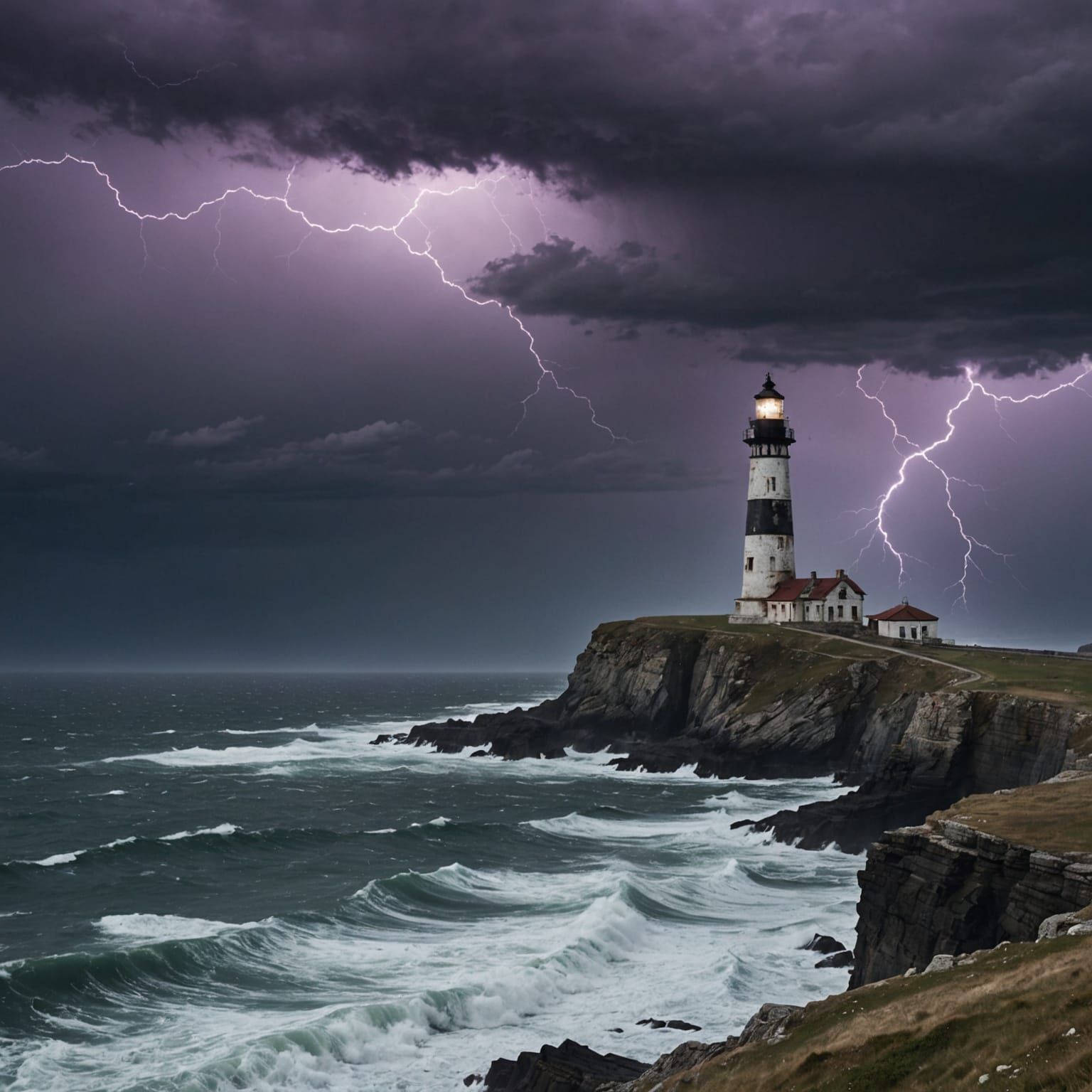 Weathered Lighthouse on Jagged Cliff Overlooking Stormy Sea
