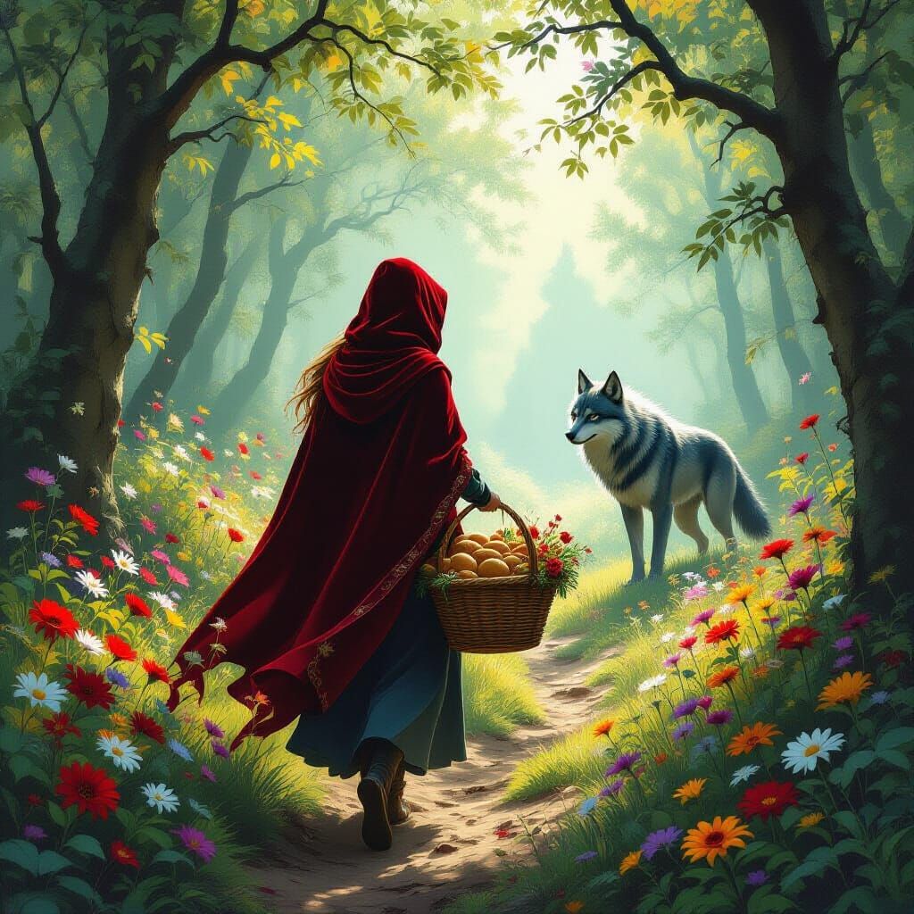 Red Cloaked Woman and Wolf-Man in Enchanted Forest