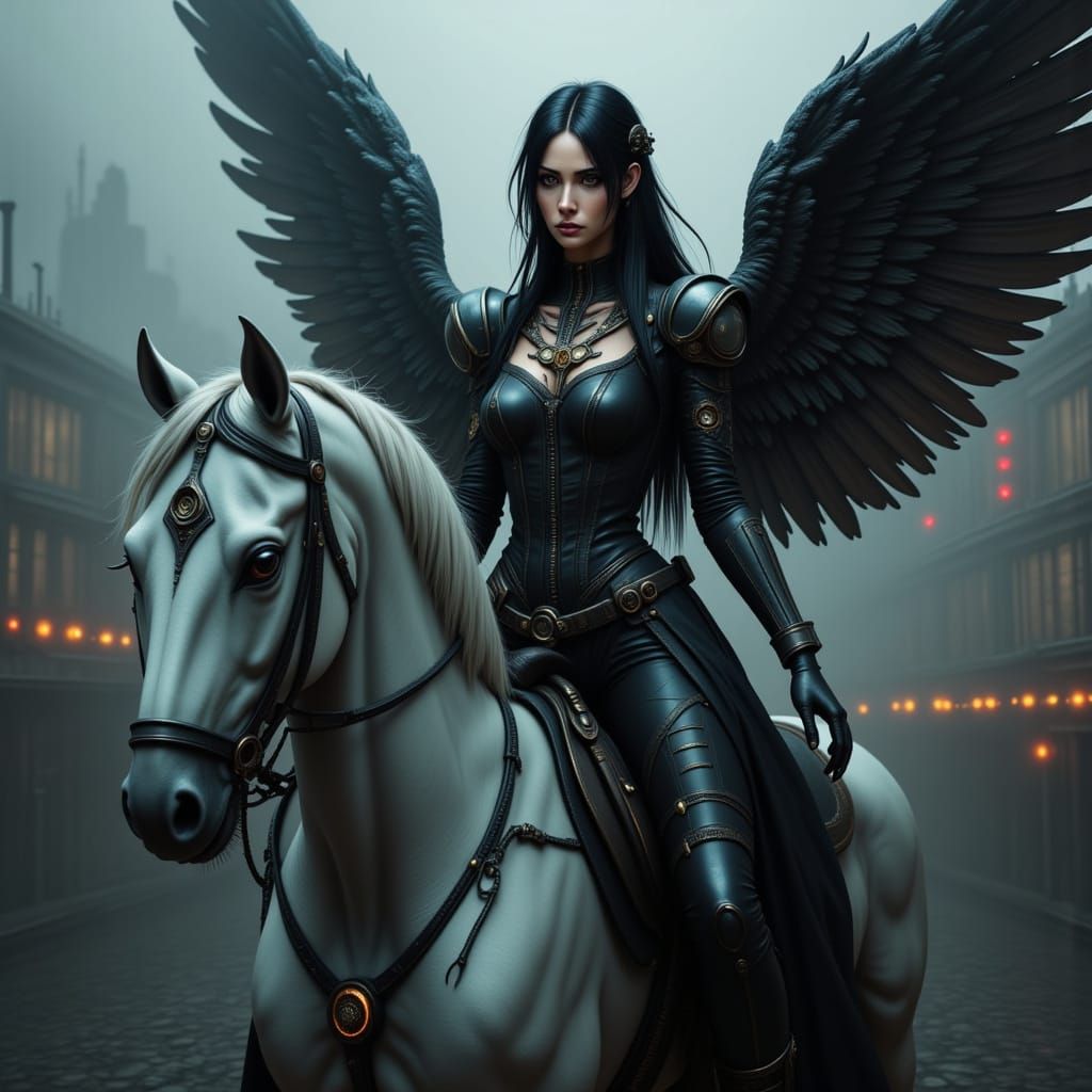 Angel Riding White Horse in Modern Metropolis