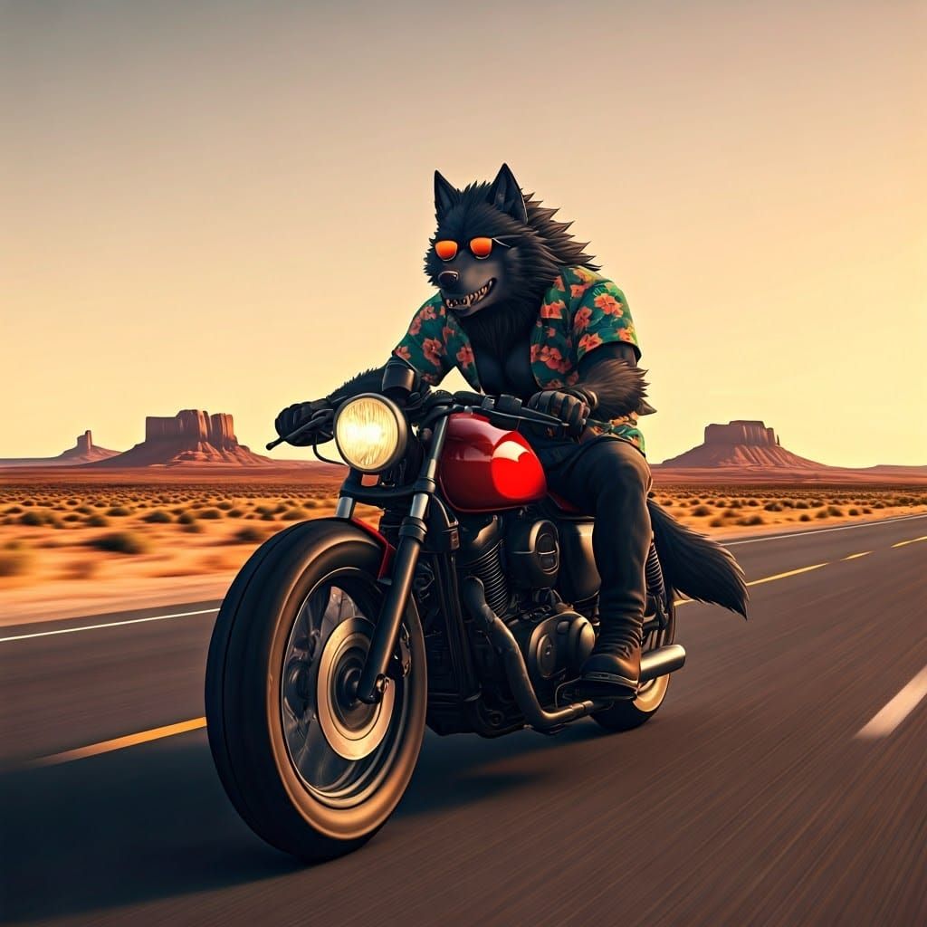 Werewolf Biker in Vaporwave Anime Style