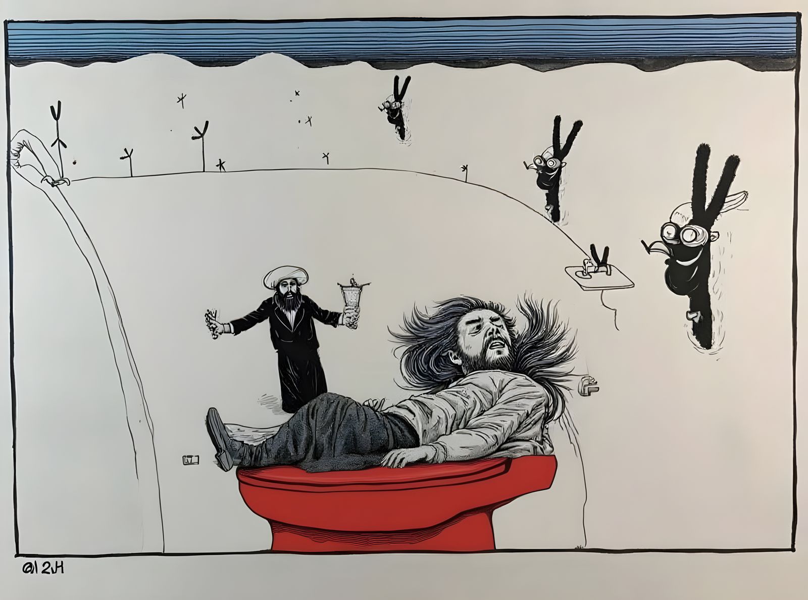 Humorous Bathroom Scene in Ralph Steadman Style