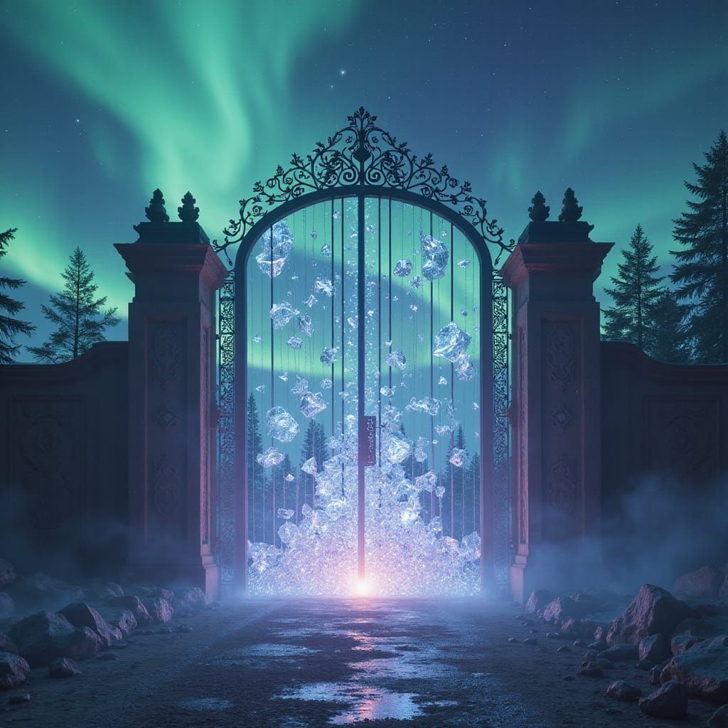 Refracted Light Gate Amidst Shimmering Aurora