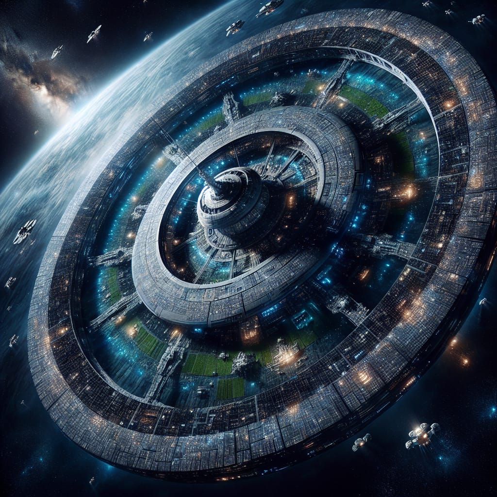 Enormous Rotating Space City in Deep Space