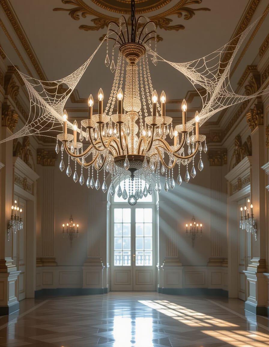 Baroque Chandelier Transformed into Eerie Spiderweb Art