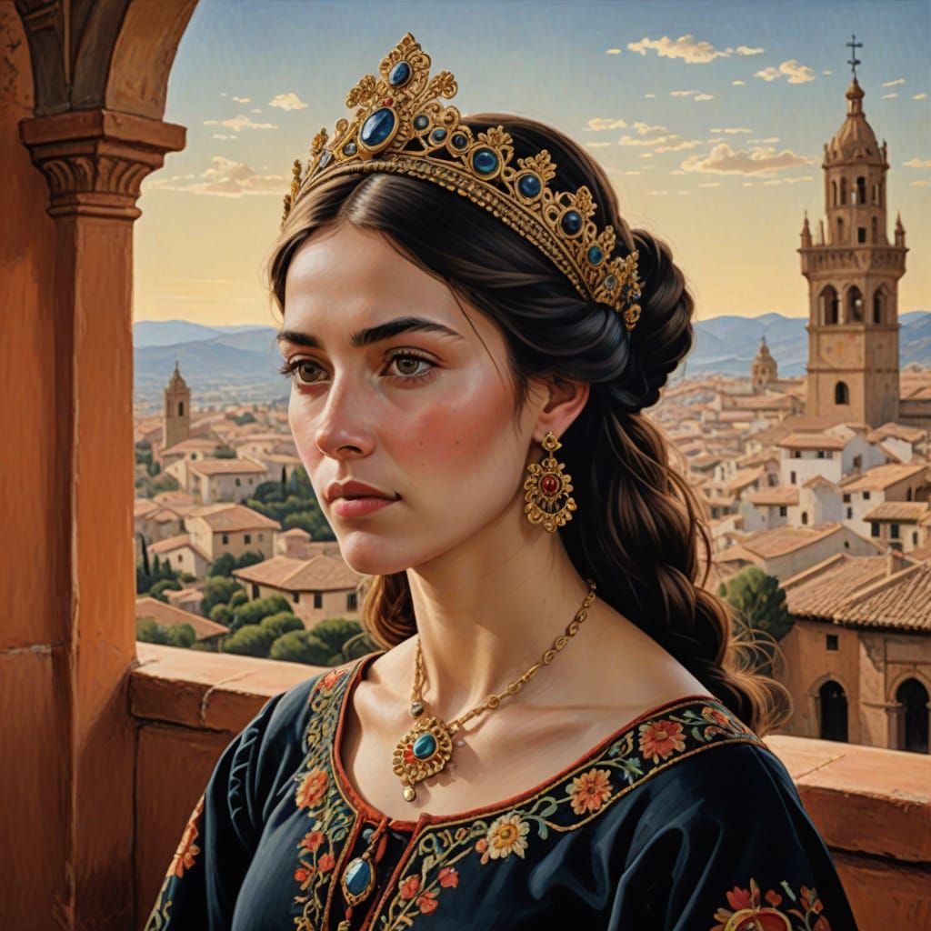 Spanish Noble Maiden in 14th-Century Attire, Oil Painting St...