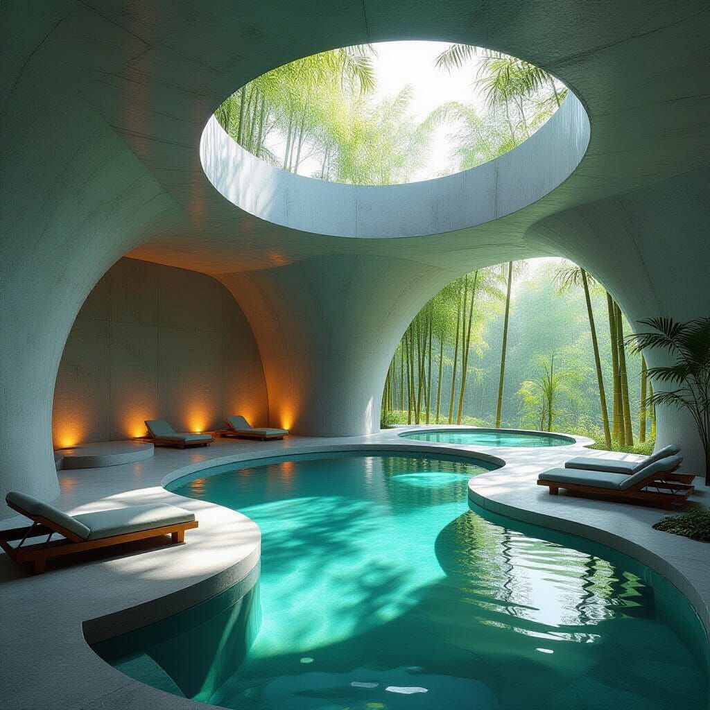 Futuristic Bathhouse in Bamboo Forest, Photorealistic 8K