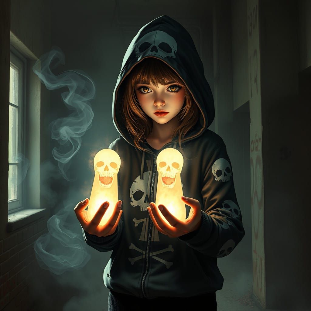 Girl in Hooded Skull Jacket Embracing Ethereal Souls in Urba...