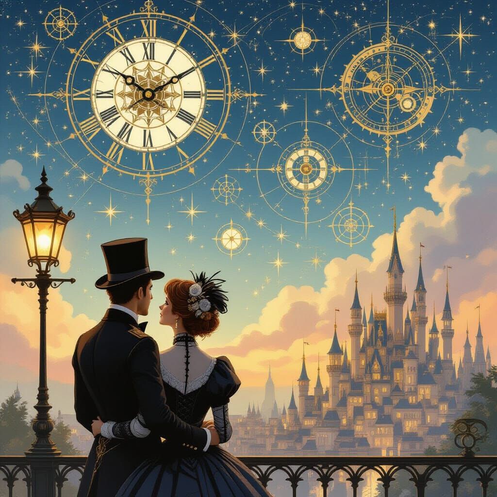 Steampunk Couple Gazing at Clockwork Constellations