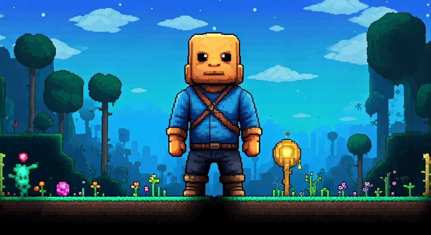 Terraria-Inspired Pixel Art Character in Vibrant World