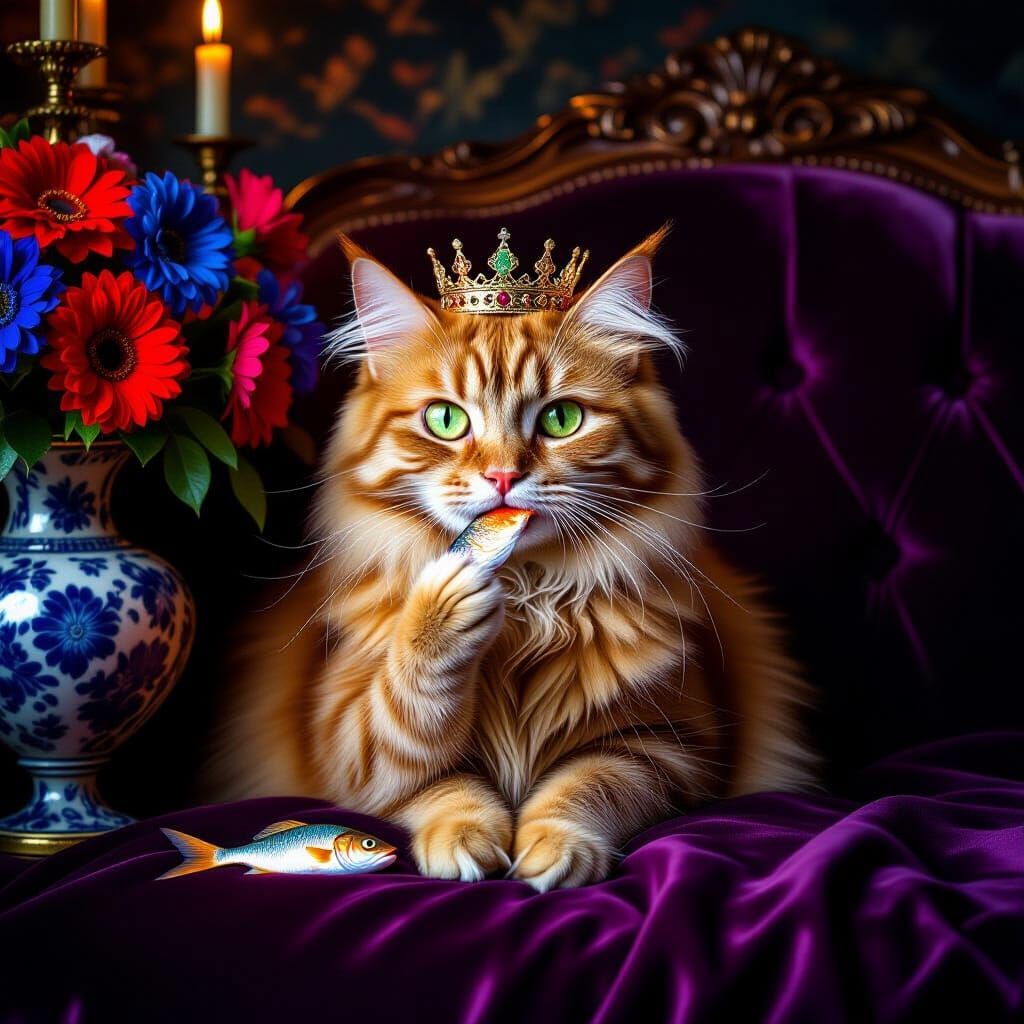 Regal Cat Enjoys Fish on Gothic Sofa with Flowers