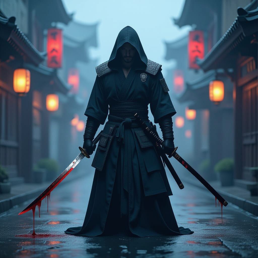 Foggy Street Samurai with Blood-Stained Blades
