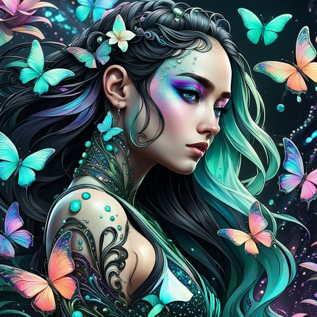 pastel glitter Filigree marbled iridescent black green aqua ...