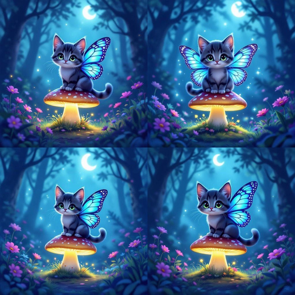 Winged Tabby Cat in Mystical Forest, Digital Art