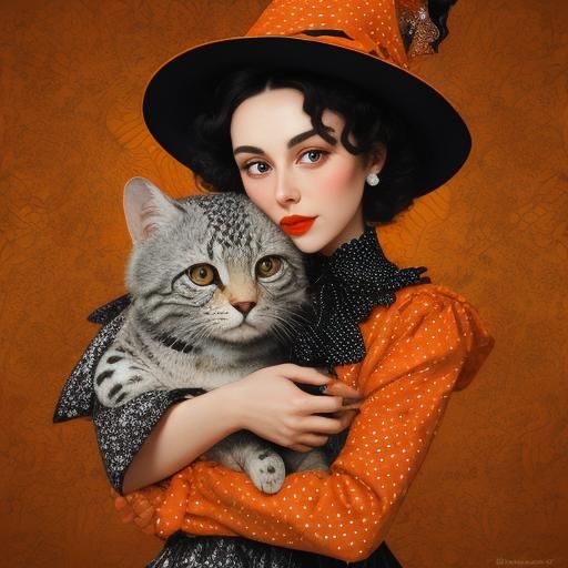 Halloween cat and witch