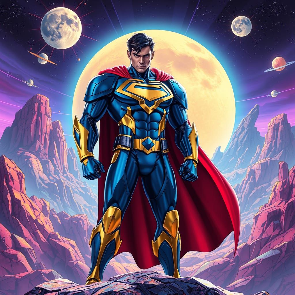 Superboy-Prime on Stained Glass Planet in Synthwave Style