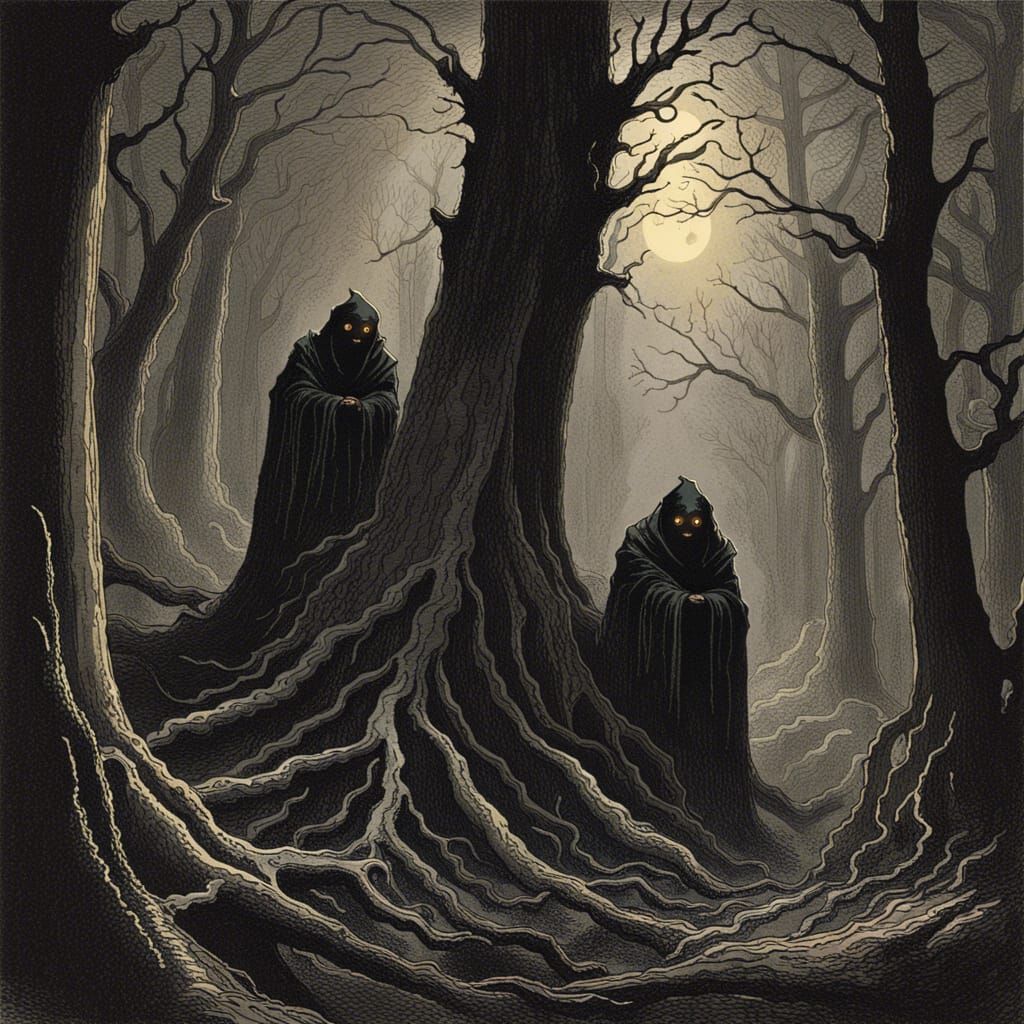 Glowing Eyes Peek from Dark Treeline in Horror Art