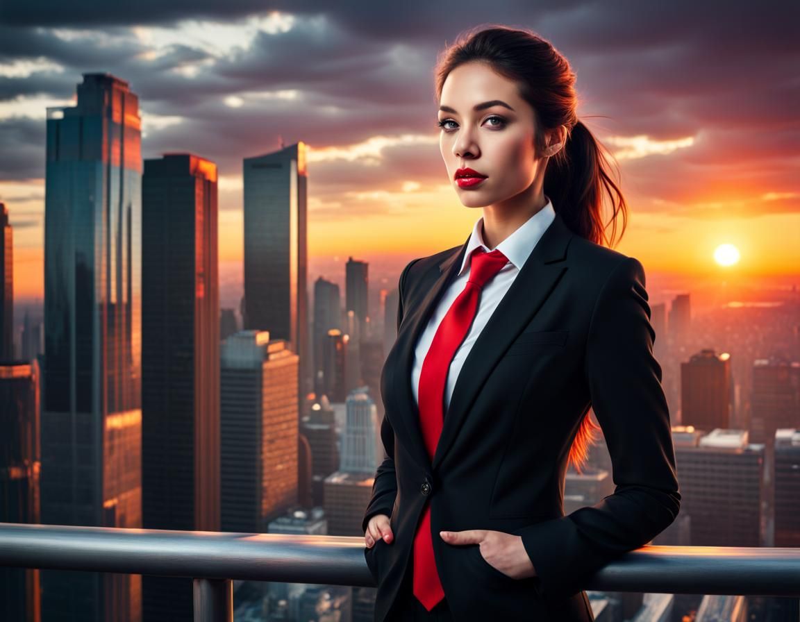A beautiful business woman dressed  in a black suit red tie  digital art highly insanely detailed detailed background co...