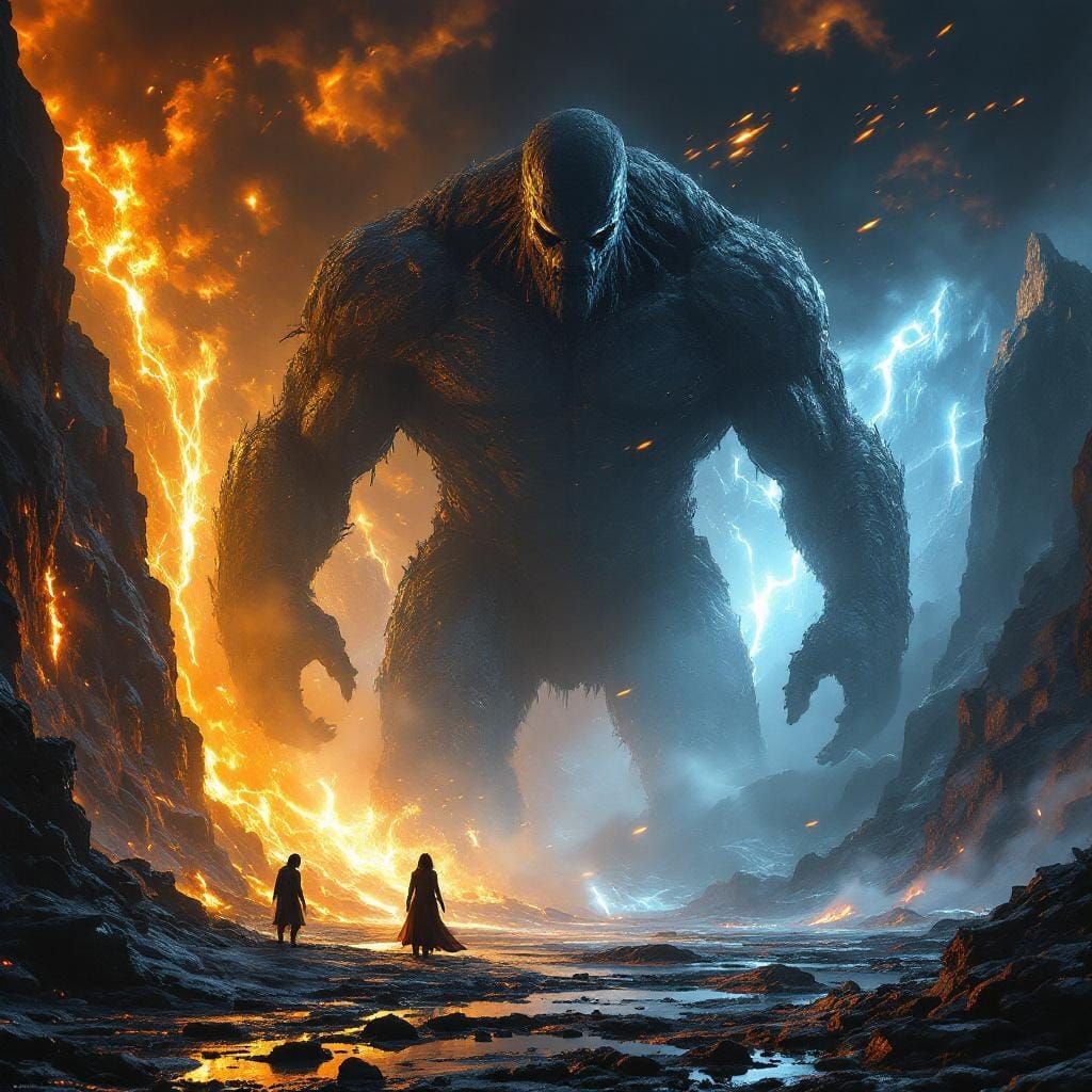 Epic Battle: Giant vs Creature in Fantasy Landscape