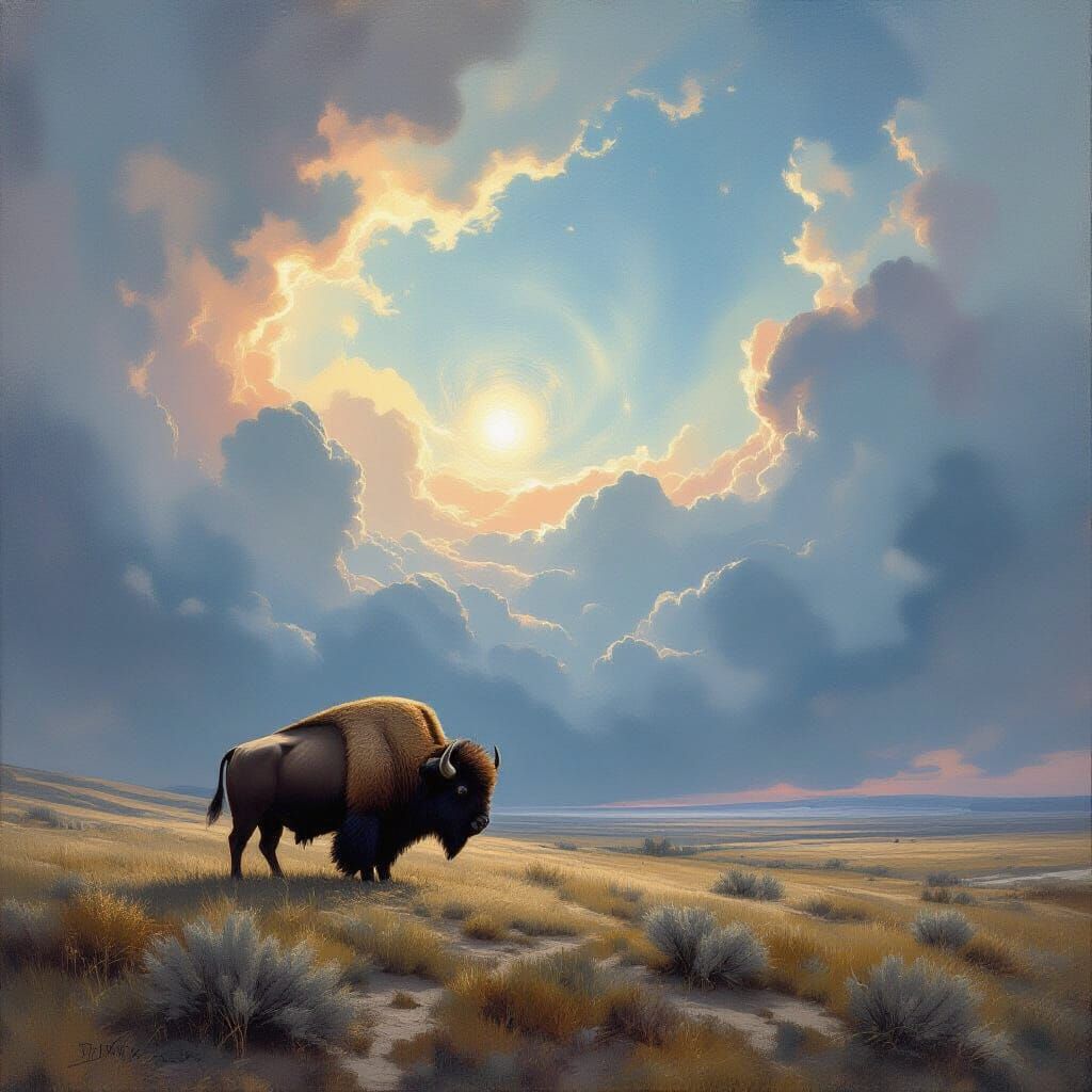 Bison on Prairie Under Cosmic Sky, Impasto Oil Painting
