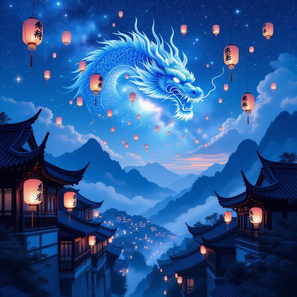 Chinese Village Sky Dragon Lanterns: Fantasy Art