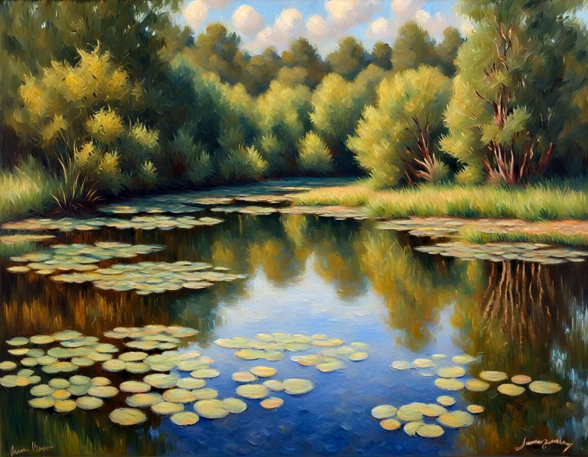 Aquatic Plants Reflected in Lake: Impressionist Oil Painting