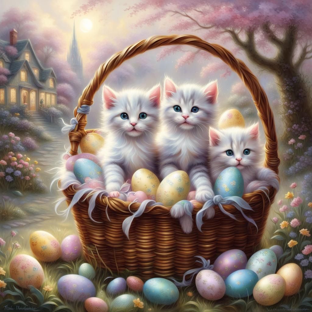 Kittens Playing in Easter Basket, Ethereal Fantasy Art