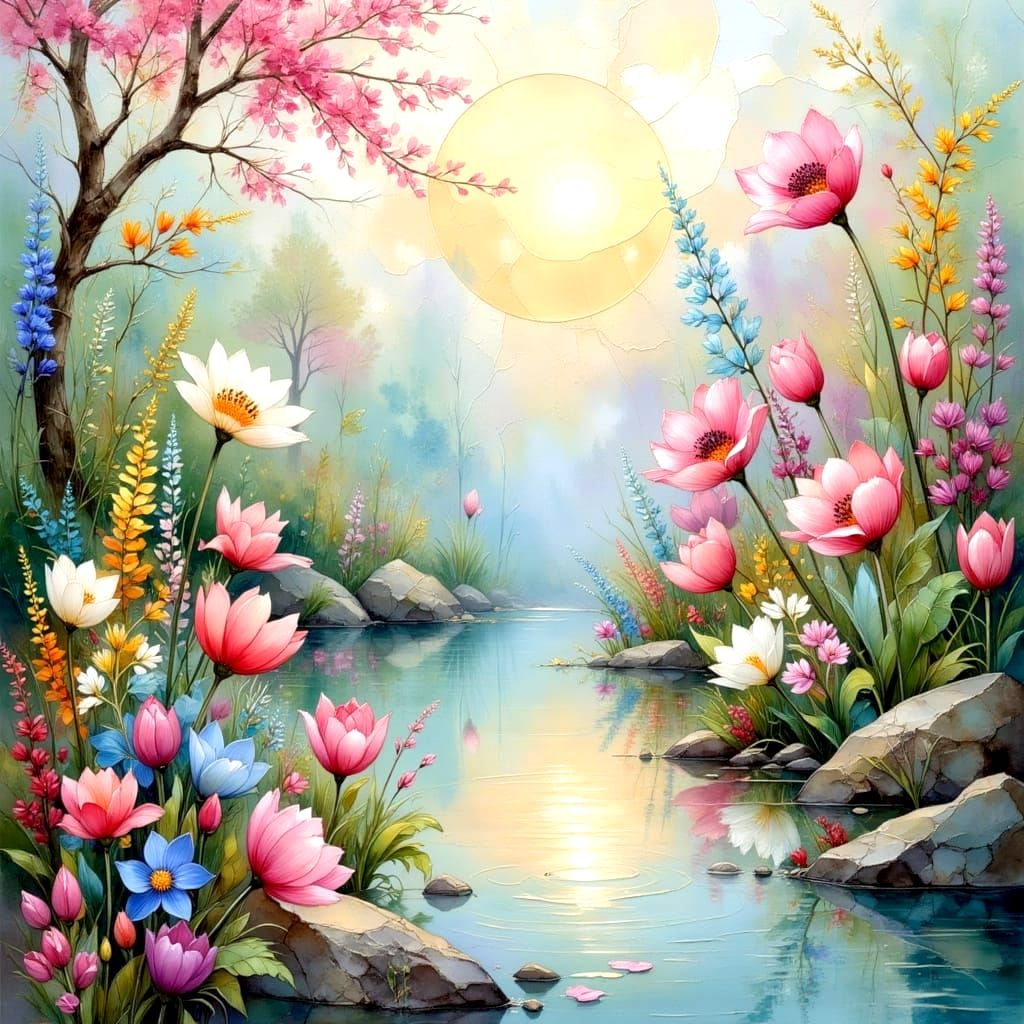 Pastel Mosaic Landscape with Floral Reflections