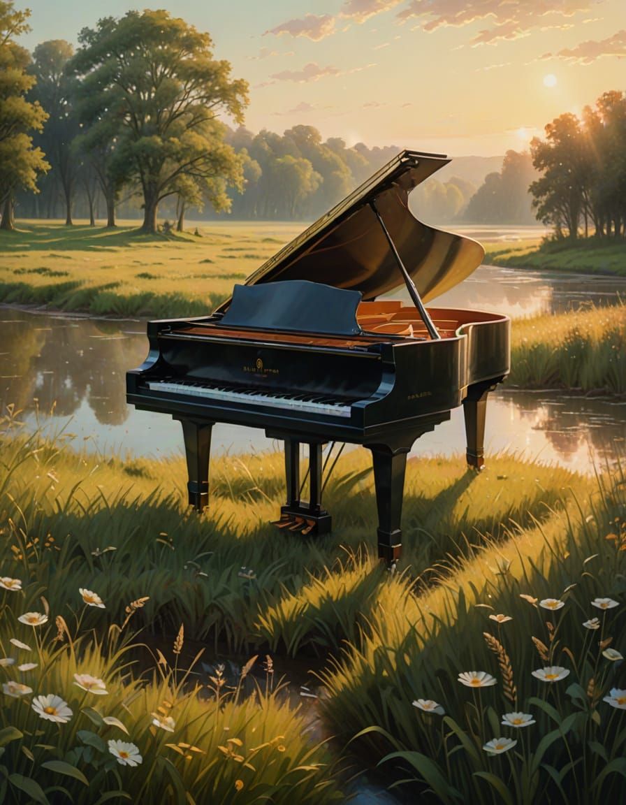 Ethereal Sunset Masterpiece with Grand Piano in Serene Meado...