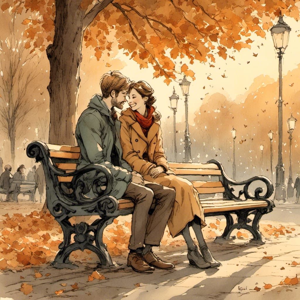 Romantic Couple Embracing in Autumn, Pencil Drawing