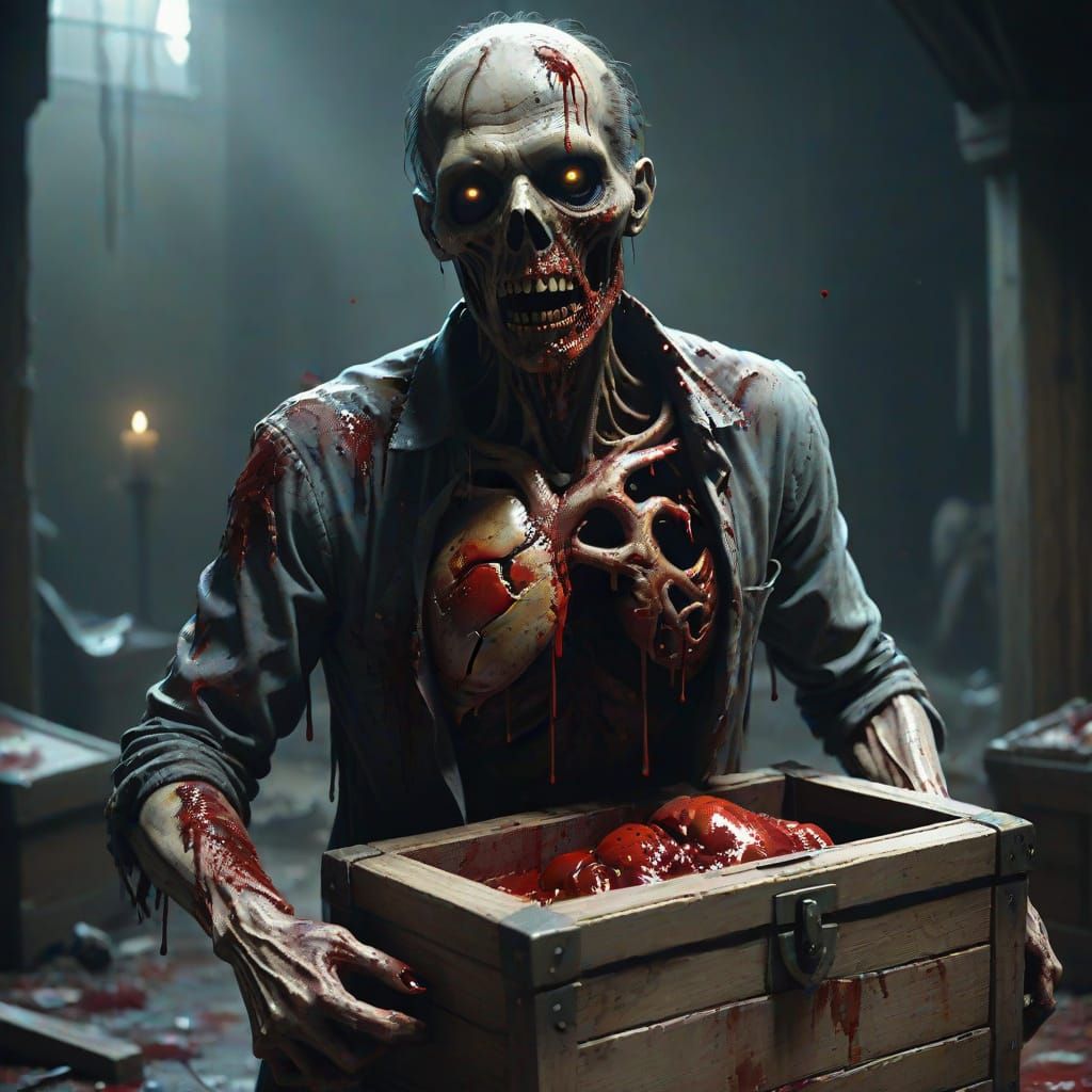 Zombie Holds Bloody Heart in Open Chest