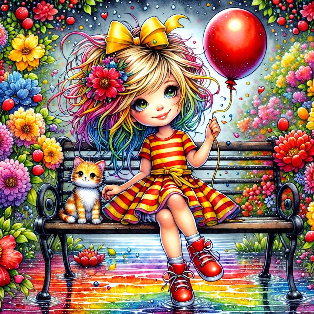 A little girl with messy blonde hair tied with a yellow ribb...