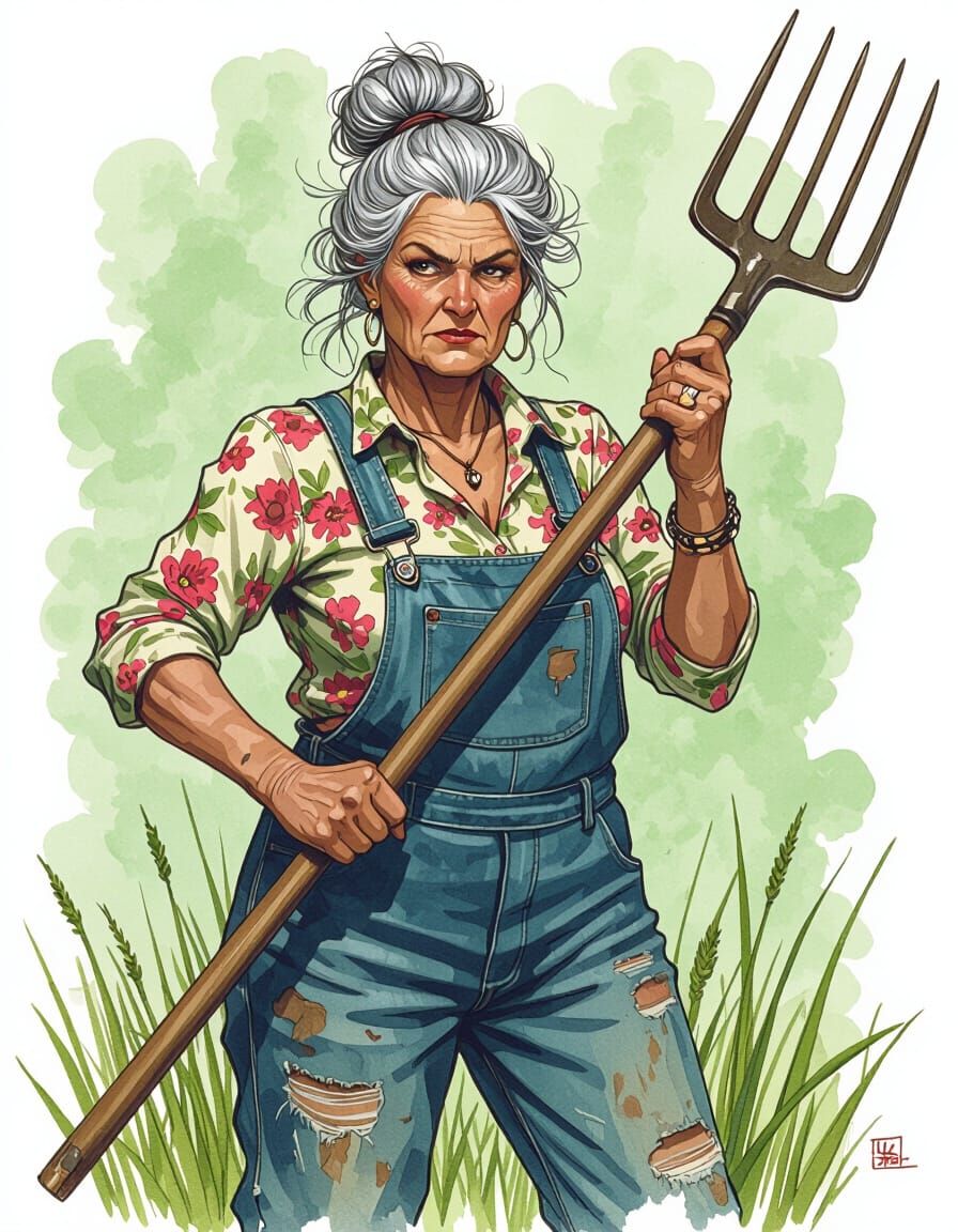 Towering Farm Matriarch Wielding Pitchfork in Watercolor Sty...