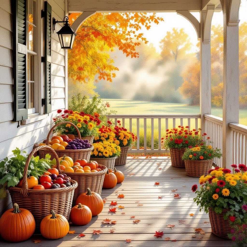 Cozy Farmhouse Porch with Autumn Harvest in Painterly Style