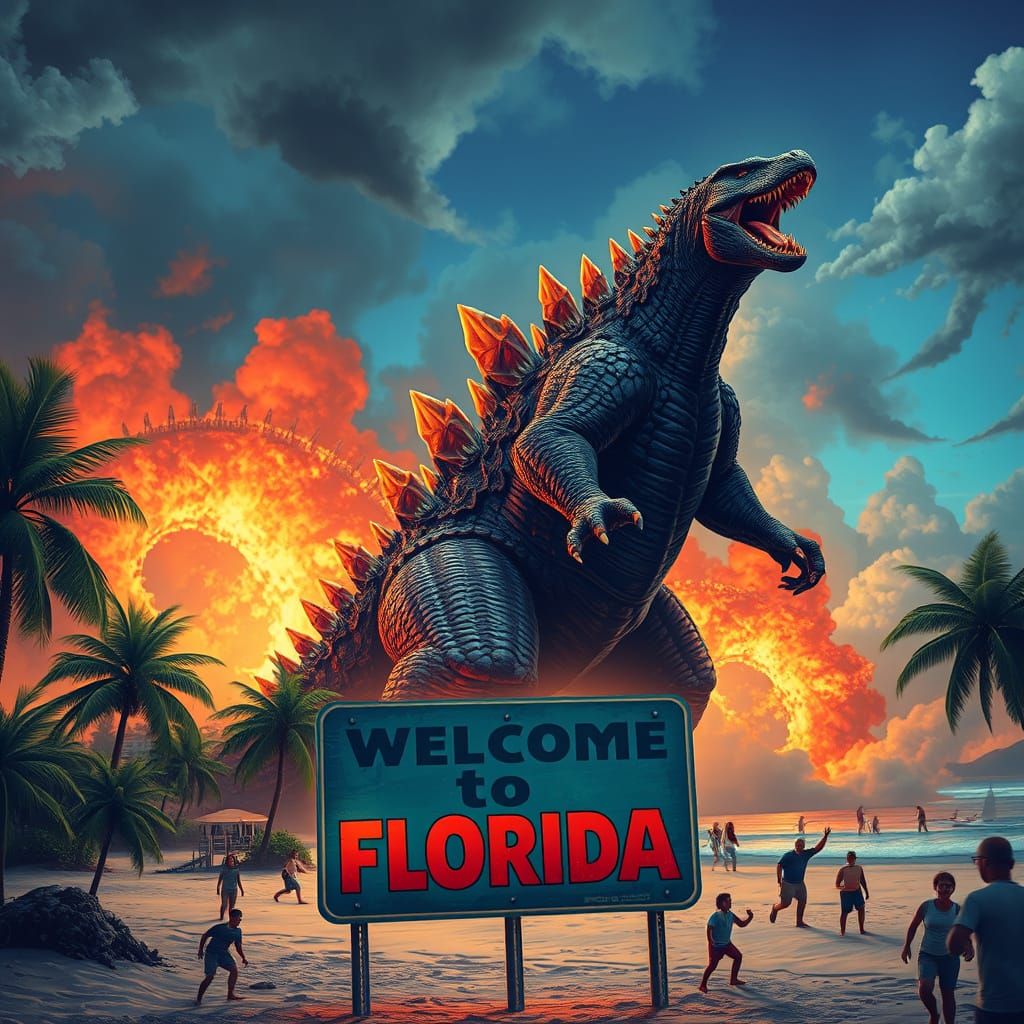 Godzilla Rampage on Florida Beach in Psychedelic Style