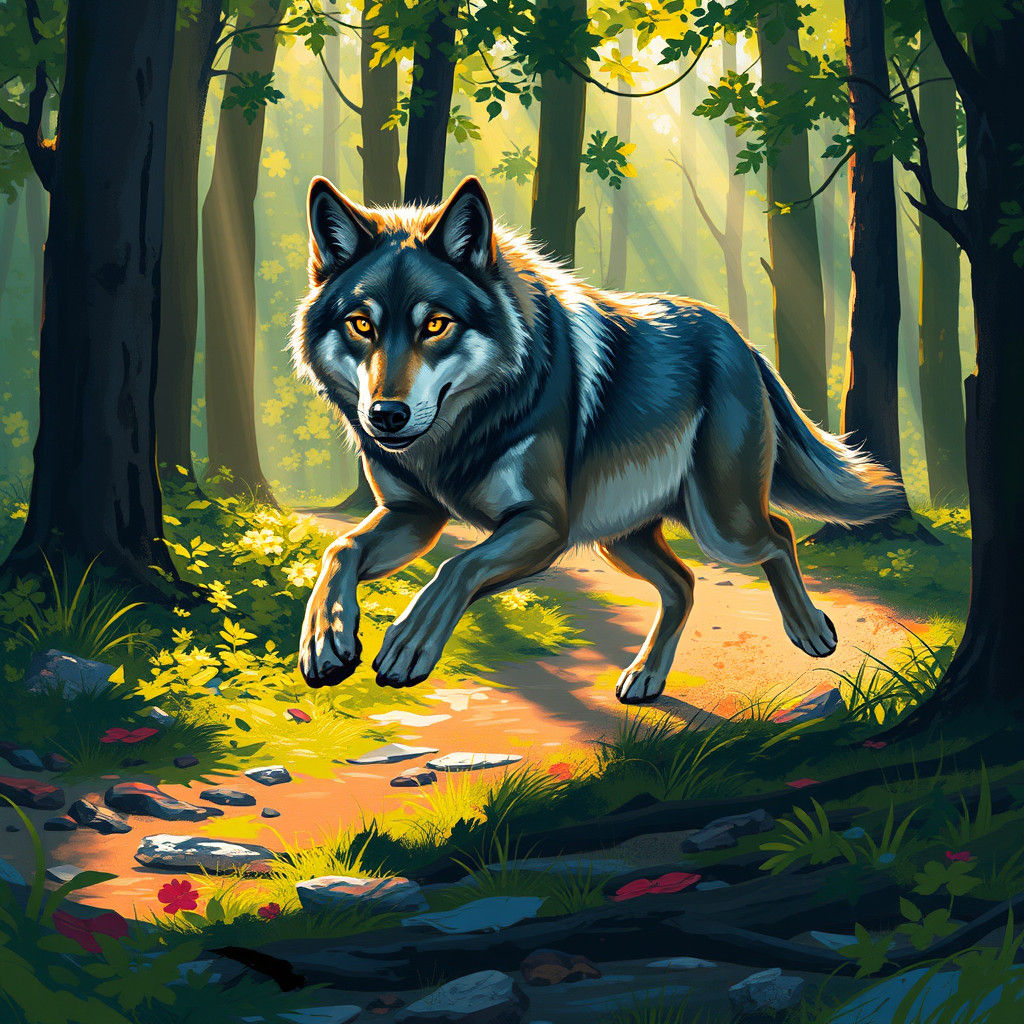 Wolf Running Through Forest: Digital Wildlife Art