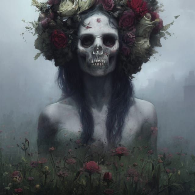 Undead Woman with Flowers: Hyperdetailed Horror Art