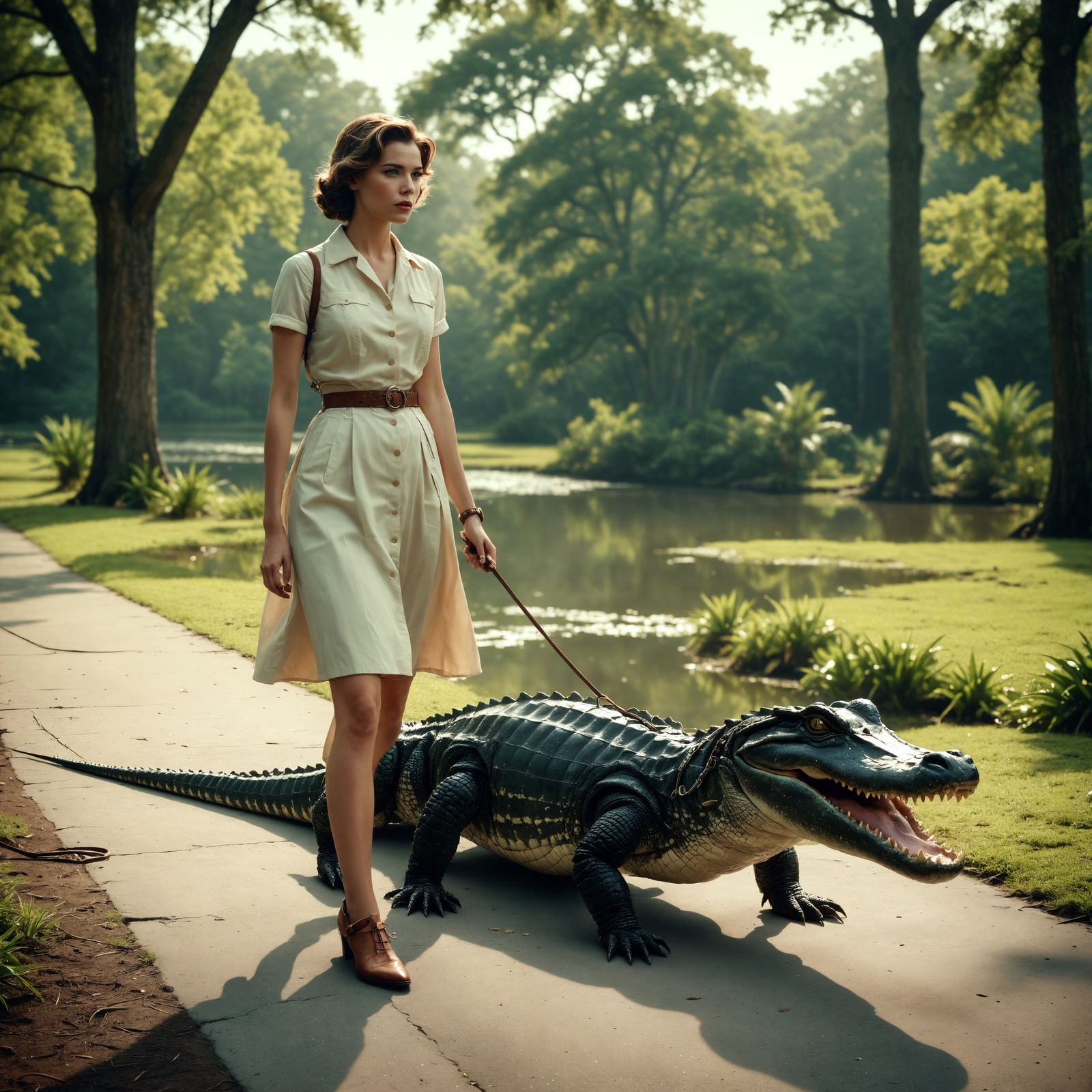 Ethereal Vintage Woman Walking Alligator