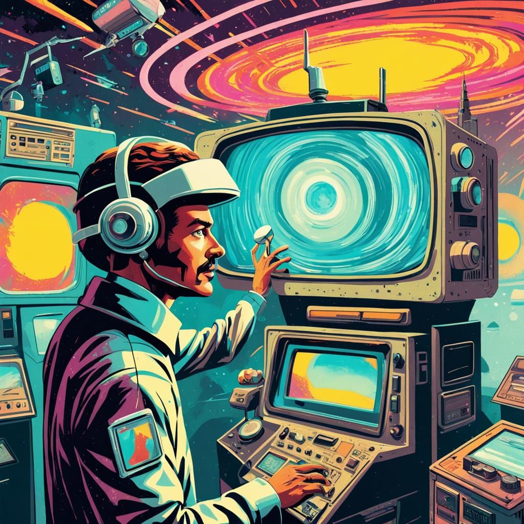 Retro-Futuristic Astronaut Lost in Swirling Vortex of Memori...