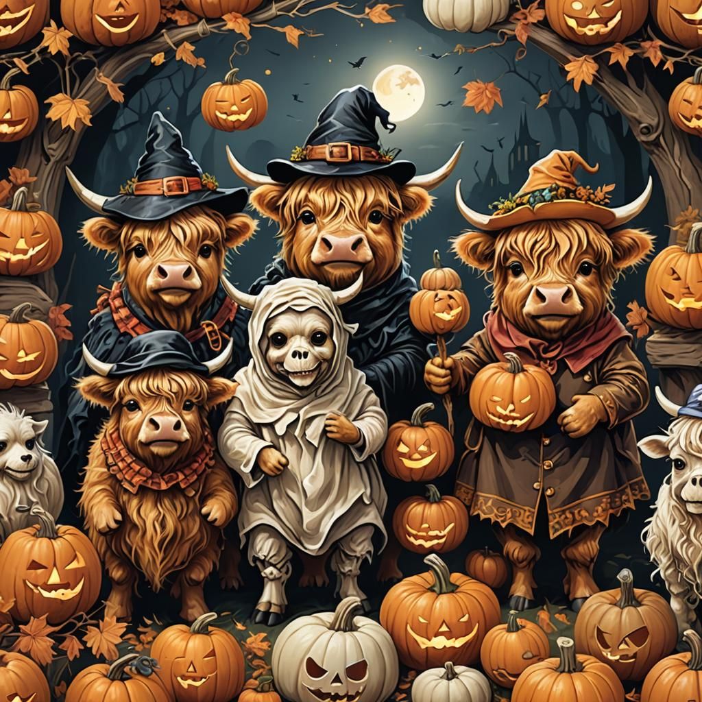 Highland Cows in Halloween Costumes, Whimsical Illustration