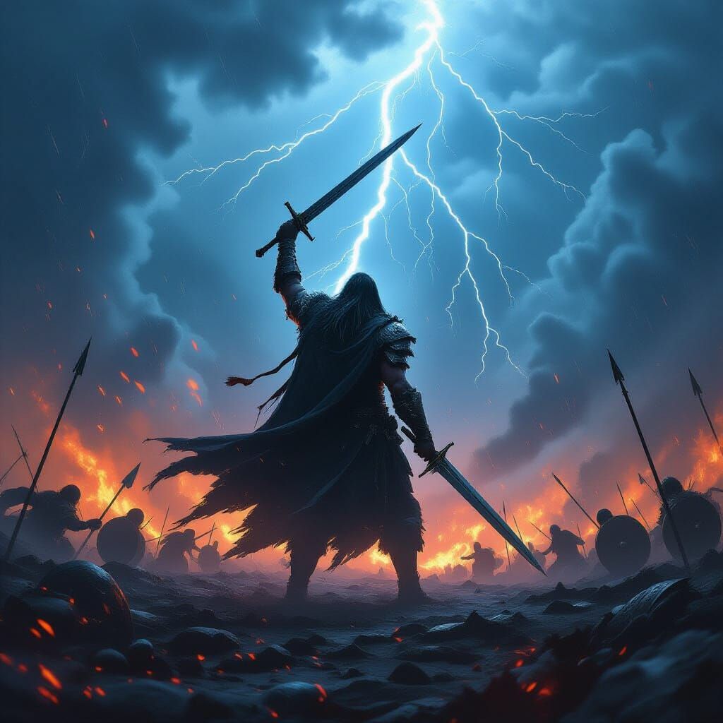Warrior Stands Defiant in Stormy Battlefield Scene