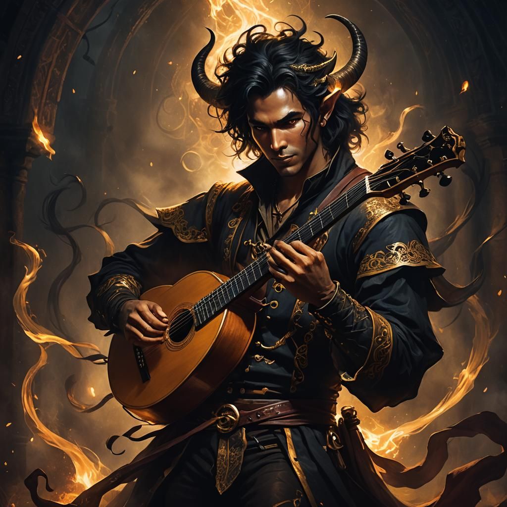 Dramatic Tiefling Bard Portrait with Magical Lute