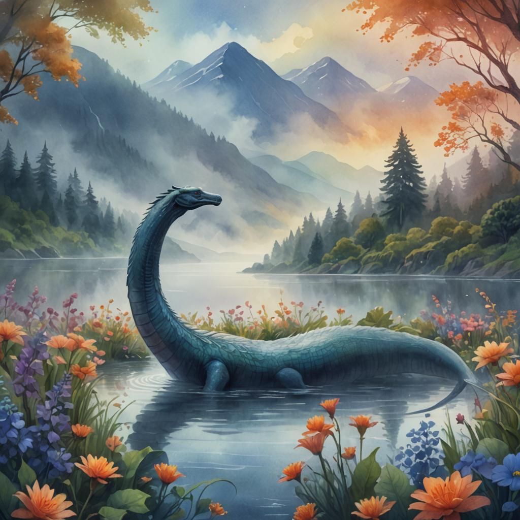Majestic Loch Ness Monster in Watercolor Style