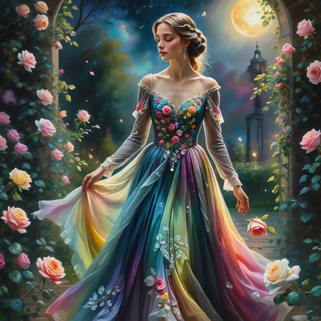 Elegant Woman in Moonlit Rose Garden: Dark Fantasy Art