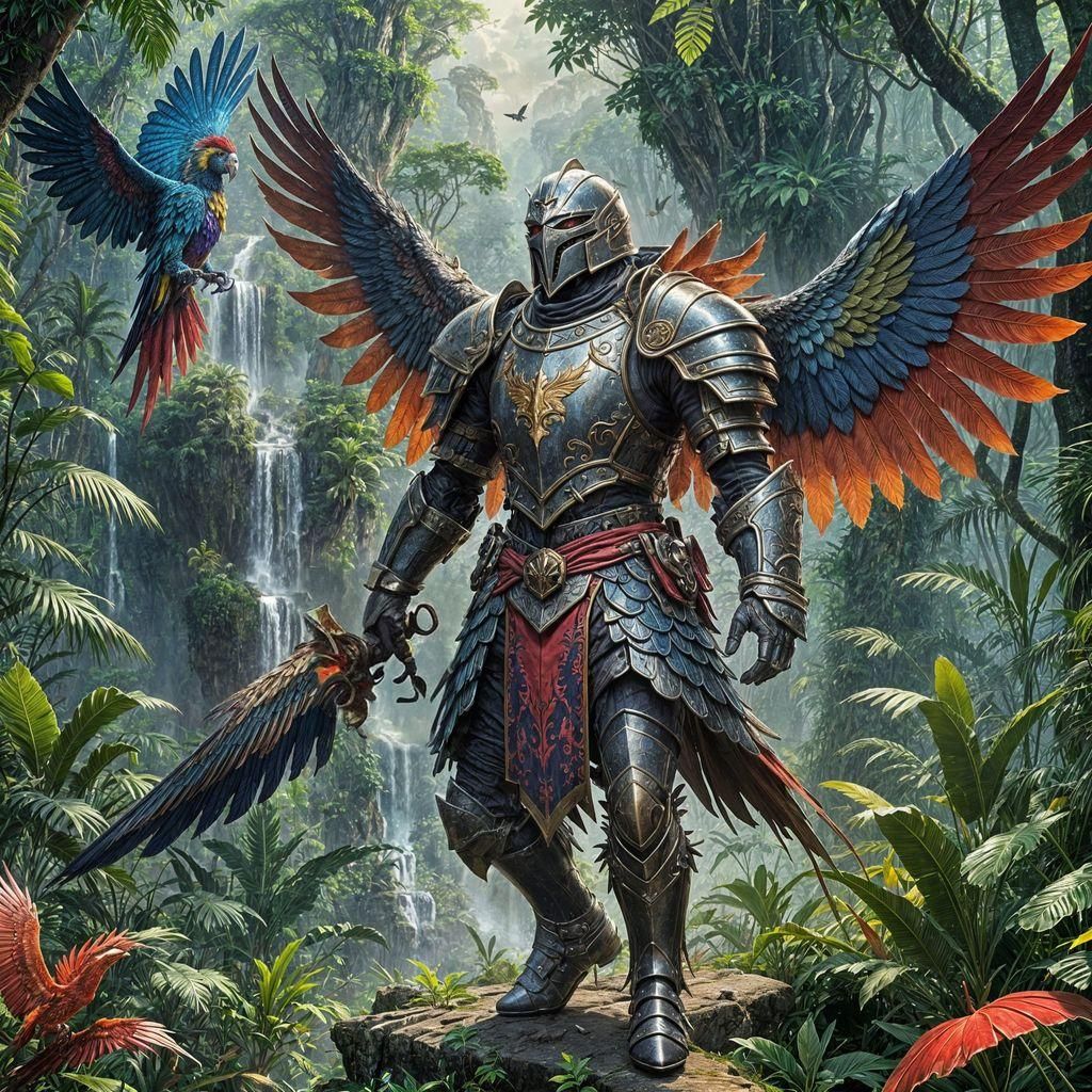Fantasy Knight Running in Jungle with Avatar Birds