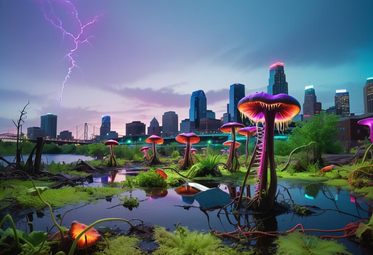 Minneapolis Skyline Overgrown with Bioluminescent Alien Plan...