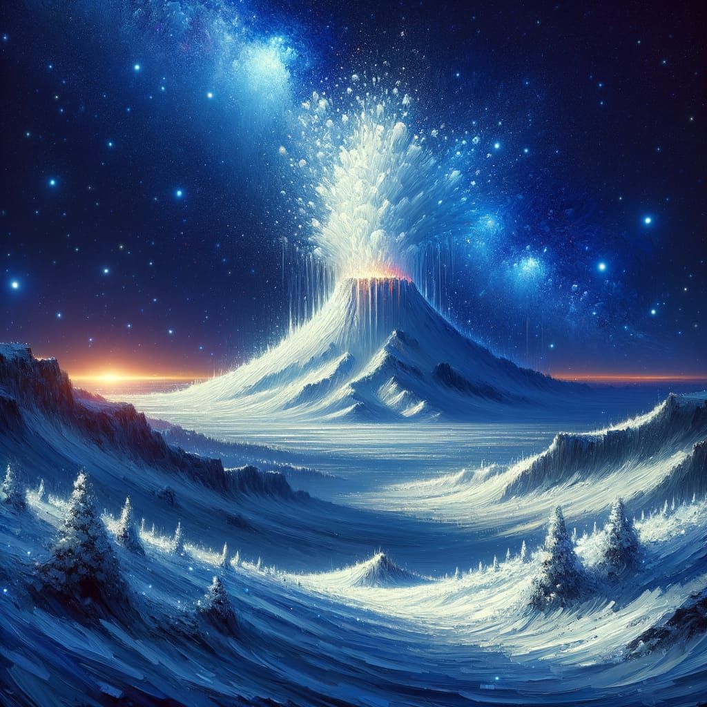 Surreal Snow Volcano Eruption on Alien Planet as Impasto Pai...