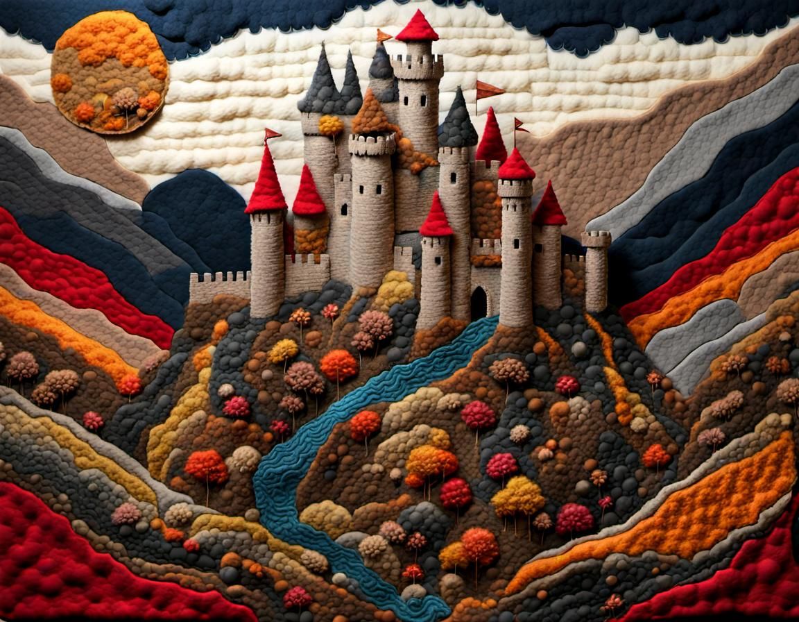 Detailed Medieval Castle Landscape Fabric Collage
