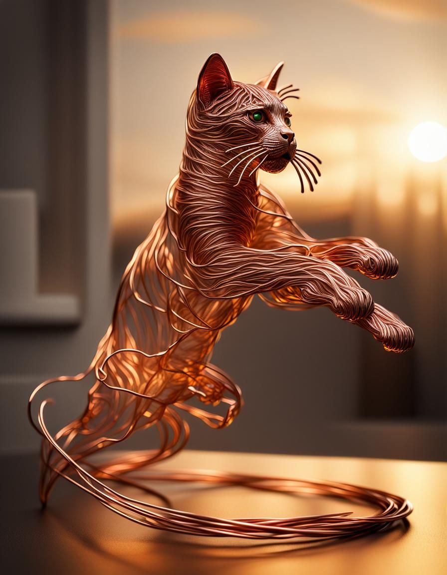 Copper Cat Sculpture in Hyperrealistic Macro Photography